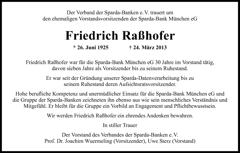  Traueranzeige für Friedrich Raßhofer vom 30.03.2013 aus Süddeutsche Zeitung