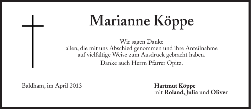  Traueranzeige für Marianne Köppe vom 06.04.2013 aus Süddeutsche Zeitung