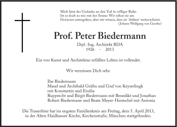 Traueranzeige von Peter Biedermann von Süddeutsche Zeitung