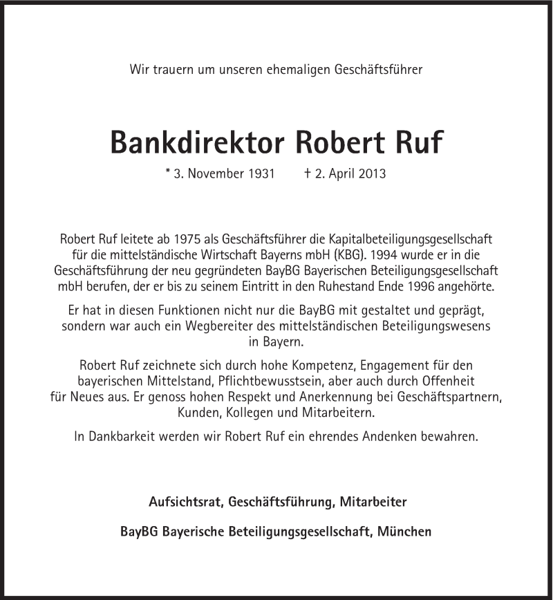 Traueranzeigen von Robert Ruf | SZ-Gedenken.de