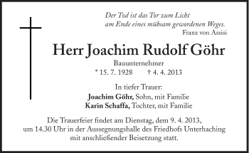 Traueranzeige von Joachim Rudolf Göhr von Süddeutsche Zeitung