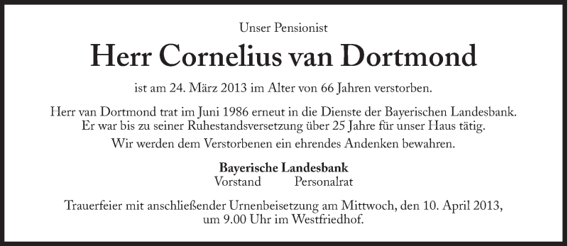  Traueranzeige für Cornelius van Dortmond vom 09.04.2013 aus Süddeutsche Zeitung