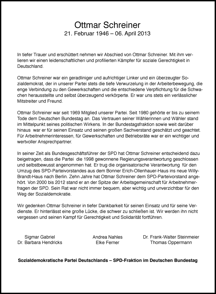  Traueranzeige für Ottmar Schreiner vom 10.04.2013 aus Süddeutsche Zeitung