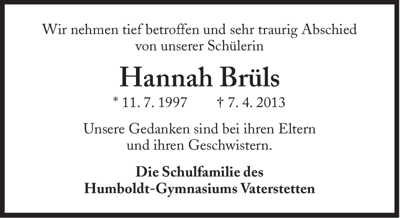  Traueranzeige für Hannah Brüls vom 11.04.2013 aus Süddeutsche Zeitung