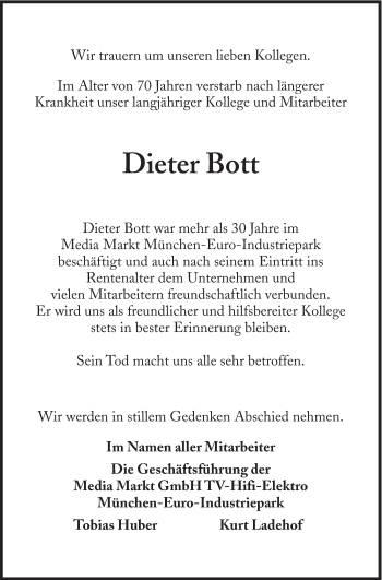 Traueranzeige von Dieter Bott von Süddeutsche Zeitung