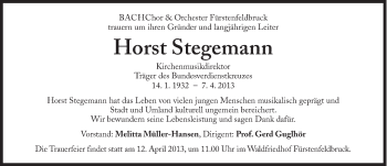 Traueranzeige von Horst Stegemann von Süddeutsche Zeitung