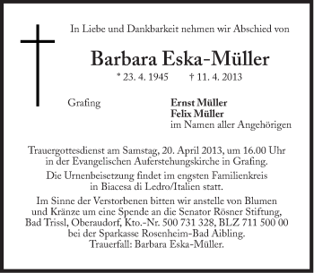 Traueranzeige von Barbara Eska-Müller von Süddeutsche Zeitung