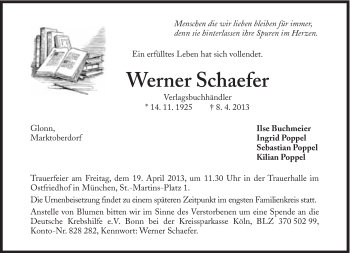 Traueranzeige von Werner Schaefer von Süddeutsche Zeitung