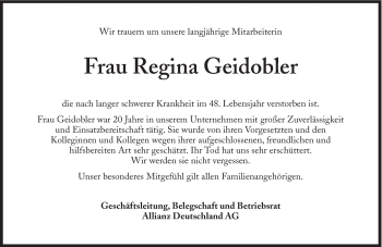 Traueranzeige von Regina Geidobler von Süddeutsche Zeitung