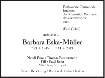 Traueranzeige von Barbara Eska-Müller von Süddeutsche Zeitung