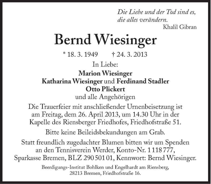  Traueranzeige für Bernd Wiesinger vom 20.04.2013 aus Süddeutsche Zeitung