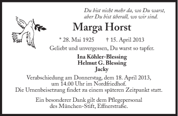 Traueranzeige von Marga Horst von Süddeutsche Zeitung