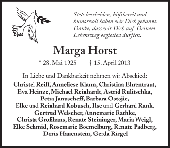 Traueranzeige von Marga Horst von Süddeutsche Zeitung