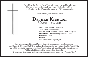 Traueranzeige von Dagmar Kreutzer von Süddeutsche Zeitung