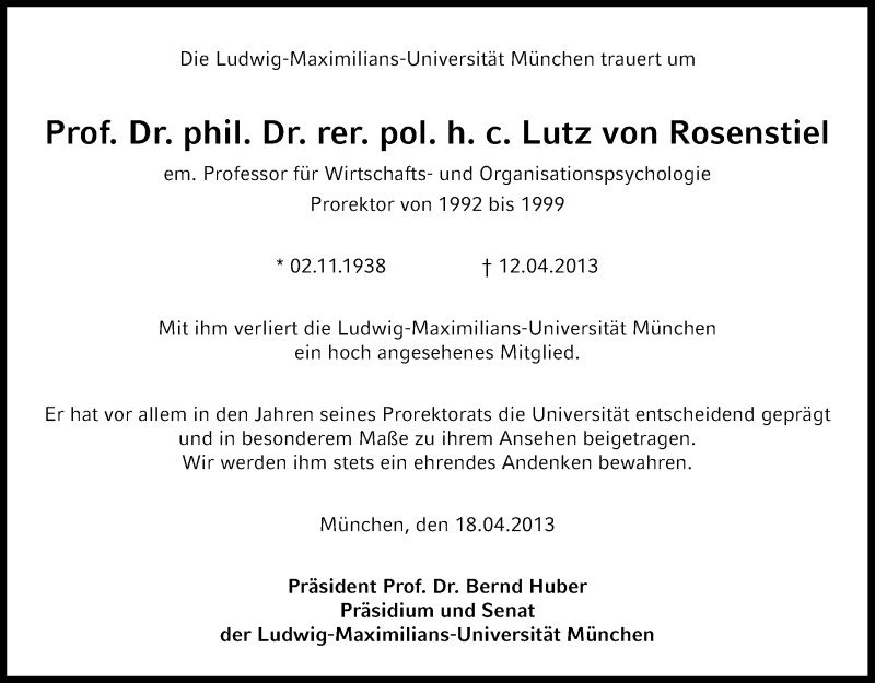  Traueranzeige für Lutz von Rosenstiel vom 18.04.2013 aus Süddeutsche Zeitung
