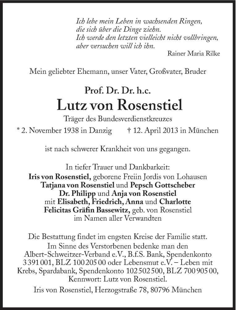  Traueranzeige für Lutz von Rosenstiel vom 20.04.2013 aus Süddeutsche Zeitung