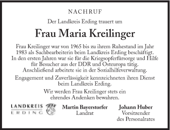 Traueranzeige von Maria Kreilinger von Süddeutsche Zeitung