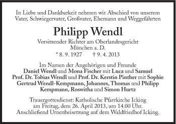 Traueranzeige von Philipp Wendl von Süddeutsche Zeitung