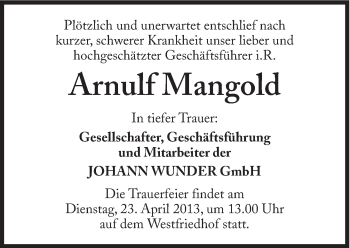 Traueranzeige von Arnulf Mangold von Süddeutsche Zeitung