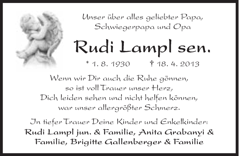 Traueranzeige für Rudolf Lampl vom 20.04.2013 aus Süddeutsche Zeitung