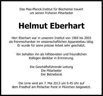 Traueranzeige von Helmut Eberhart von Süddeutsche Zeitung