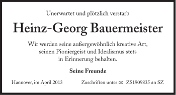 Traueranzeige von Heinz-Georg Bauermeister von Süddeutsche Zeitung