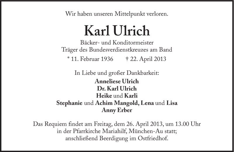  Traueranzeige für Karl Ulrich vom 24.04.2013 aus Süddeutsche Zeitung