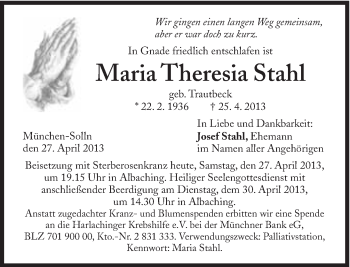 Traueranzeige von Maria Theresia Stahl von Süddeutsche Zeitung