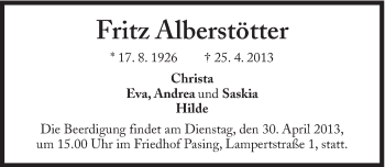 Traueranzeige von Fritz Alberstötter von Süddeutsche Zeitung
