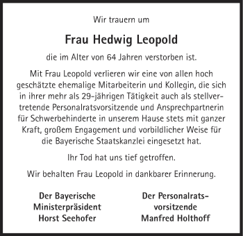 Traueranzeige von Hedwig Leopold von Süddeutsche Zeitung