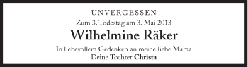 Traueranzeige von Wilhelmine Räker von Süddeutsche Zeitung