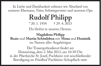 Traueranzeige von Rudolf Philipp von Süddeutsche Zeitung
