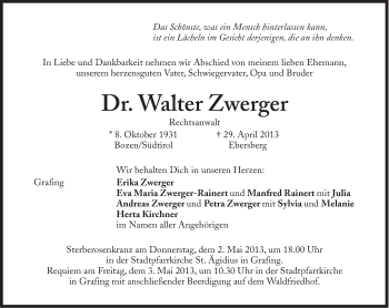 Traueranzeige von Walter Zwerger von Süddeutsche Zeitung