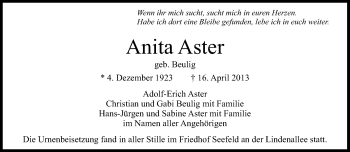 Traueranzeige von Anita Aster von Süddeutsche Zeitung
