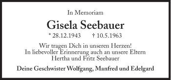Traueranzeige von Gisela Seebauer von Süddeutsche Zeitung