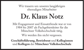 Traueranzeige von Klaus Notz von Süddeutsche Zeitung