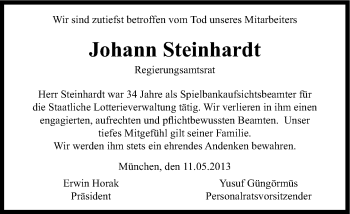 Traueranzeige von Johann Steinhardt von Süddeutsche Zeitung