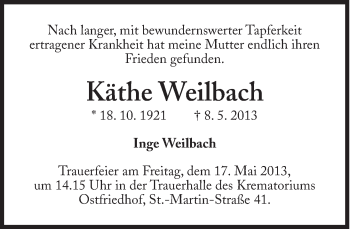 Traueranzeige von Käthe Weilbach von Süddeutsche Zeitung