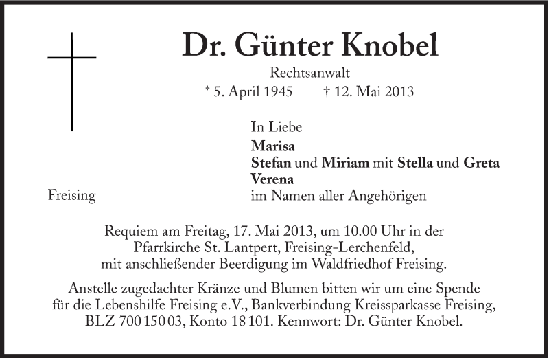 Traueranzeige für Günter Knobel vom 15.05.2013 aus Süddeutsche Zeitung