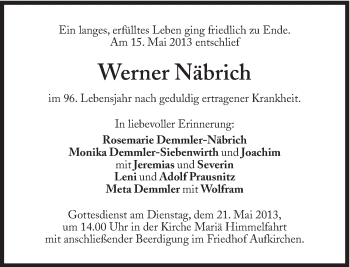 Traueranzeige von Werner Näbrich von Süddeutsche Zeitung