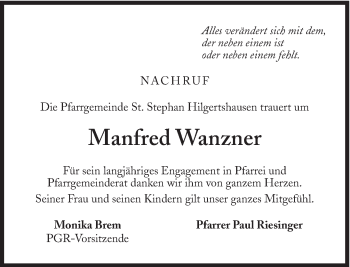 Traueranzeige von Manfred Wanzner von Süddeutsche Zeitung