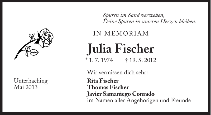  Traueranzeige für Julia Fischer vom 18.05.2013 aus Süddeutsche Zeitung