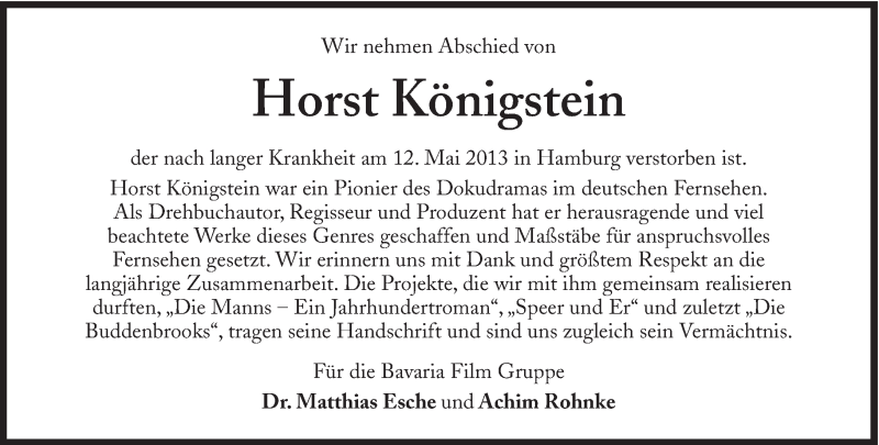  Traueranzeige für Horst Königstein vom 18.05.2013 aus Süddeutsche Zeitung