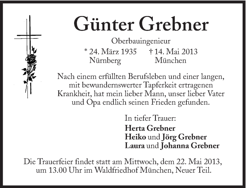  Traueranzeige für Günter Grebner vom 18.05.2013 aus Süddeutsche Zeitung