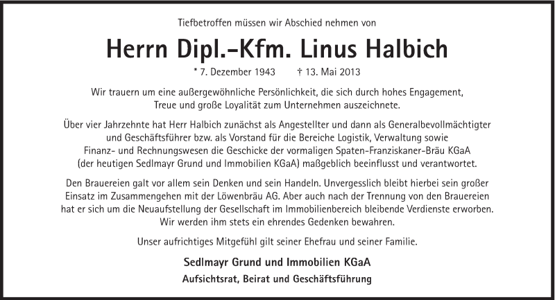  Traueranzeige für Linus Halbich vom 18.05.2013 aus Süddeutsche Zeitung