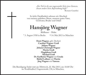 Traueranzeige von Hansjörg Wagner von Süddeutsche Zeitung