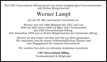 Traueranzeige von Werner Lampl von Süddeutsche Zeitung