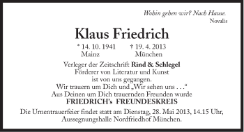 Traueranzeige von Klaus Friedrich von Süddeutsche Zeitung