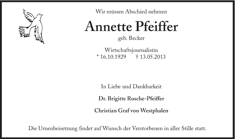  Traueranzeige für Annette Pfeiffer vom 25.05.2013 aus Süddeutsche Zeitung