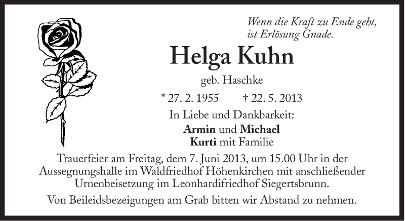  Traueranzeige für Helga Kuhn vom 03.06.2013 aus Süddeutsche Zeitung